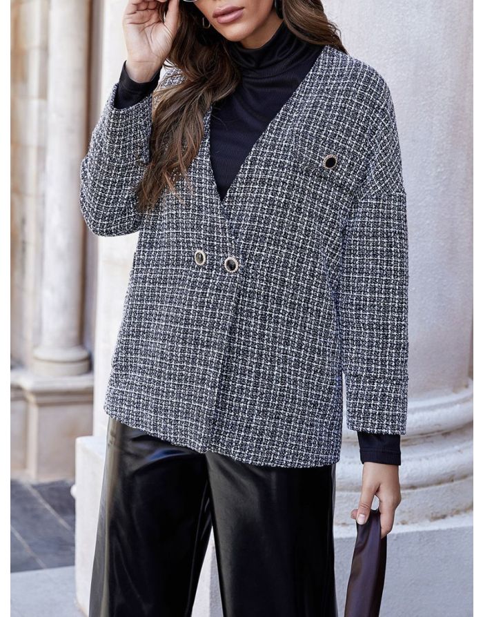 Fall Women New Fashion Knitted Two Buttons Long Sleeve Plaid Loose Short Woolen Coat