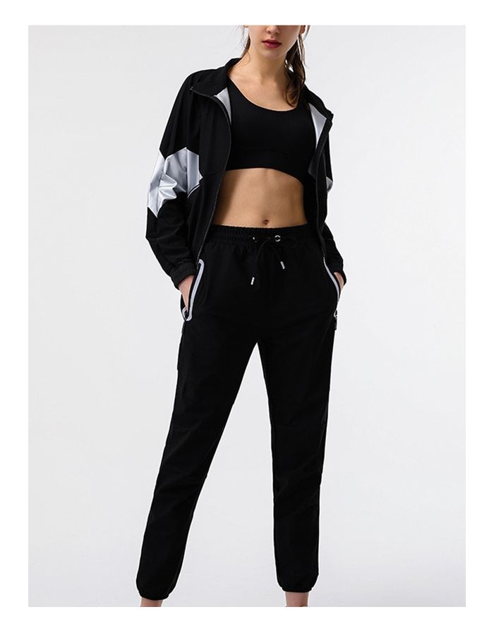Women Sport Fitness Two Piece Set Long Sleeve Zipper Jacket High Waist Drawstring Trousers Pants